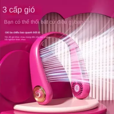 Quạt đeo cổ tích điện Gấu Dâu Losto, quạt quàng cổ không cánh mini cho bé pin sạc 3 cấp độ gió êm ái không tiếng ồn 4