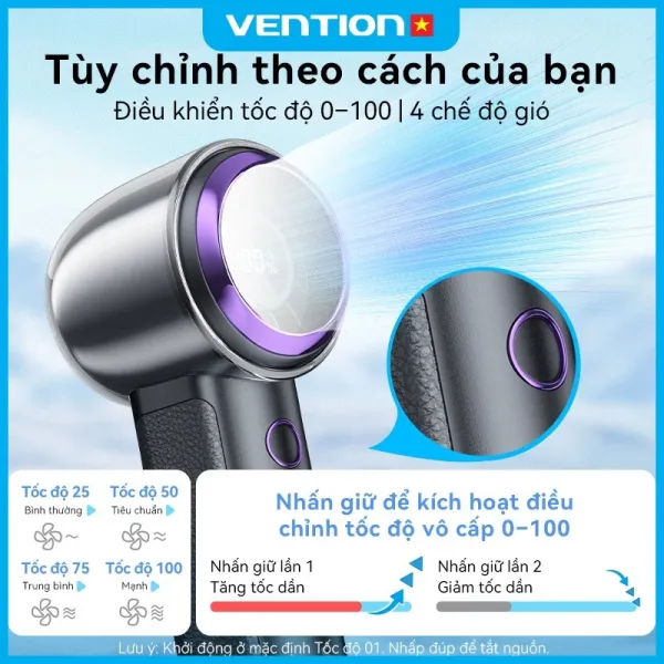 Hình ảnh sản phẩm Quạt Mini Vention 3000mAh Sạc USB-C Tốc Độ Điều Chỉnh 1-100, Công Suất 11.1Wh Giá Rẻ 405k