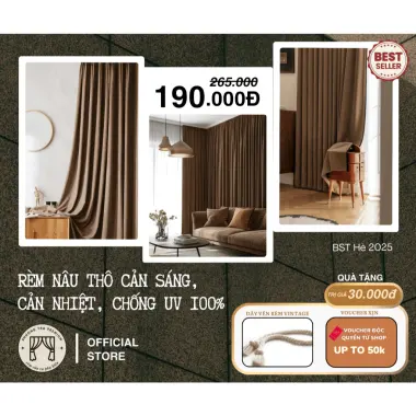 Rèm cửa sổ màu nâu đất chống nắng 99% cao cấp, decor phòng ngủ đẹp, giá rẻ 247500đ