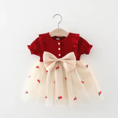 Váy bé gái thun cotton đỏ đô Hàn Quốc 6-36 tháng phối lưới thêu dứa vintage giá sale 119k 2 Váy bé gái thun cotton đỏ đô Hàn Quốc 6-36 tháng phối lưới thêu dứa vintage giá sale 119k 2