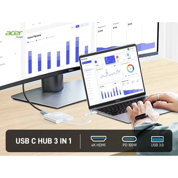 Hình ảnh sản phẩm Acer Hub USB‑C Đa Cổng 3 trong 1 USB 3.0 5Gbps, HDMI 4K, Sạc PD 100W – Giảm tới 380.000₫