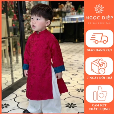 Áo dài bé trai Tết 2.025 vải gấm Thái dập hoa nổi cao cấp - Ngọc Diệp BT25 giá ưu đãi 235k