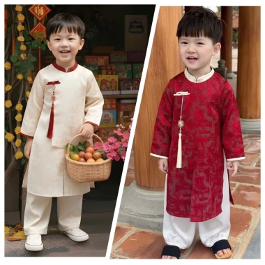 Áo dài cách tân bé trai BÌNH AN, áo dài Tết cho bé trai 2.026, vải tafta gấm mềm - 2 màu - Áo dài Ngọc Diệp - ND25.998