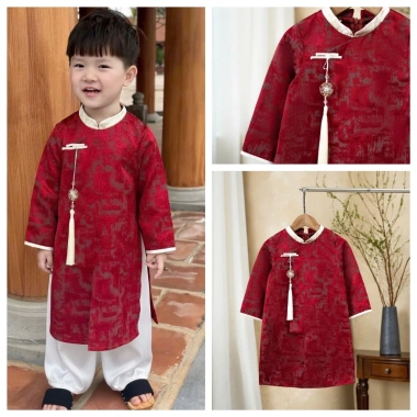Áo dài cách tân bé trai BÌNH AN, áo dài Tết cho bé trai 2.026, vải tafta gấm mềm - 2 màu - Áo dài Ngọc Diệp - ND25.998