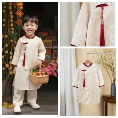 Áo dài cách tân bé trai BÌNH AN, áo dài Tết cho bé trai 2.026, vải tafta gấm mềm - 2 màu - Áo dài Ngọc Diệp - ND25.998
