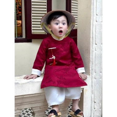 Áo dài cách tân bé trai KHÁNH AN 2.026 - Vải tafta gấm mềm, 2 màu, Giá chỉ 269.000