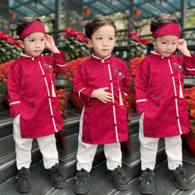 Áo dài cách tân bé trai Tết 2.024 vải gam siu đẹp kèm đội đầu giảm giá 2