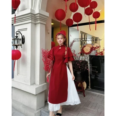 Áo Dài Cách Tân BELLY Giá Cực Sốc - Tay Loe Cổ Trụ Chân Váy Xoè Tặng Mấn Big Size Cao Cấp