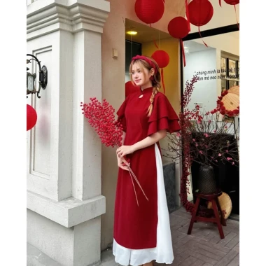 Áo Dài Cách Tân BELLY Giá Cực Sốc - Tay Loe Cổ Trụ Chân Váy Xoè Tặng Mấn Big Size Cao Cấp