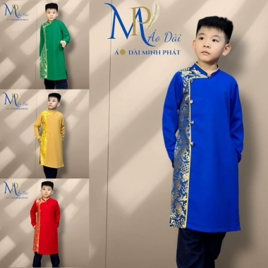 Áo Dài nam bé trai cách tân vải gấm cao cấp hoạ tiết rồng vàng, giá ưu đãi 235.000 cho Tết Áo Dài nam bé trai cách tân vải gấm cao cấp hoạ tiết rồng vàng, giá ưu đãi 235.000 cho Tết