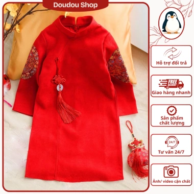 Áo dài tết bé trai Doudou Shop nhung tăm, ốp tay thêu long phụng fullsize, giá 165.000