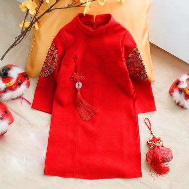 Áo dài tết bé trai Doudou Shop nhung tăm, ốp tay thêu long phụng fullsize, giá 165.000