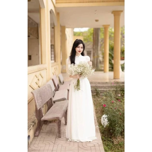 Hình ảnh sản phẩm Áo dài trắng tay bồng 4 tà học sinh đẹp, chụp kỷ yếu, đồng phục chỉ 240k MD47