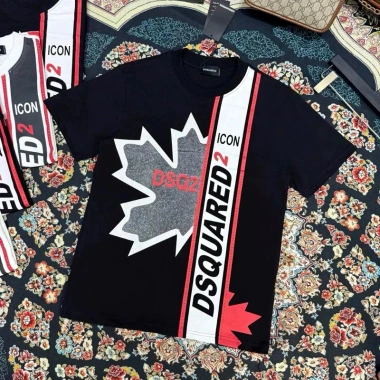 Áo Phông Nam Boy Phố Dsquared2 Cổ Tròn Ngắn Tay Premium Cao Câp Họa Tiết Dsq Lá Phong Nhũ Kim Tuyến Dọc Thân