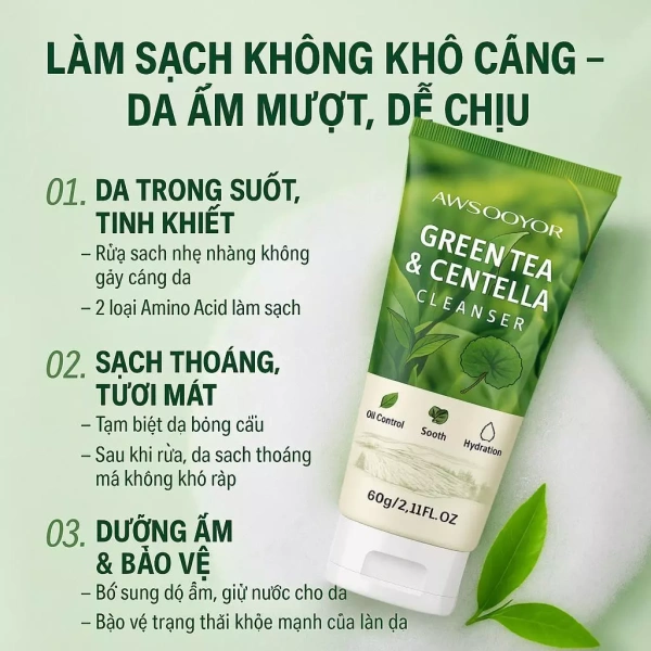 Sữa rửa mặt AWSOOYOR trà xanh rau má: Thành phần và cách hoạt động trên da dầu-nước