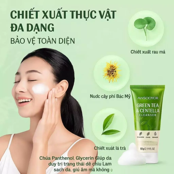 Hình ảnh sản phẩm AWSOOYOR sữa rửa mặt trà xanh rau má 60ml làm sạch dịu nhẹ, hỗ trợ cân bằng dầu-nước, cho da cảm giác sạch khỏe mà không