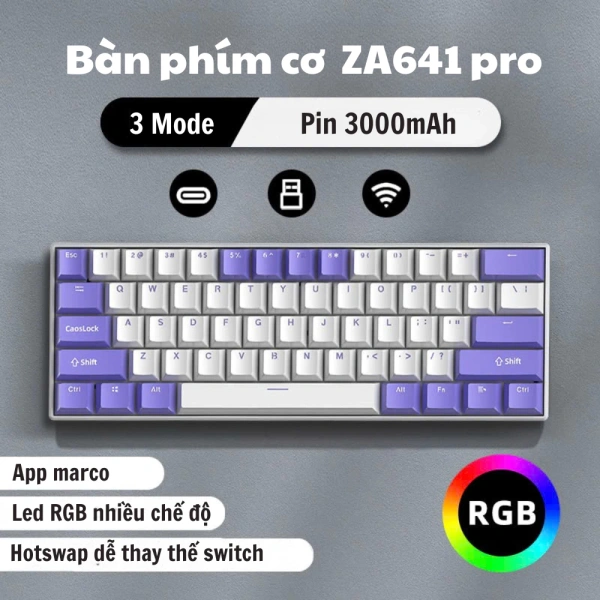 Hình ảnh sản phẩm Bàn Phím Cơ Không Dây Bluetooth Atas ZA641 Pro 64 Phím Red Switch Hotswap, Pin Sạc, App - Giá 459.000 VND