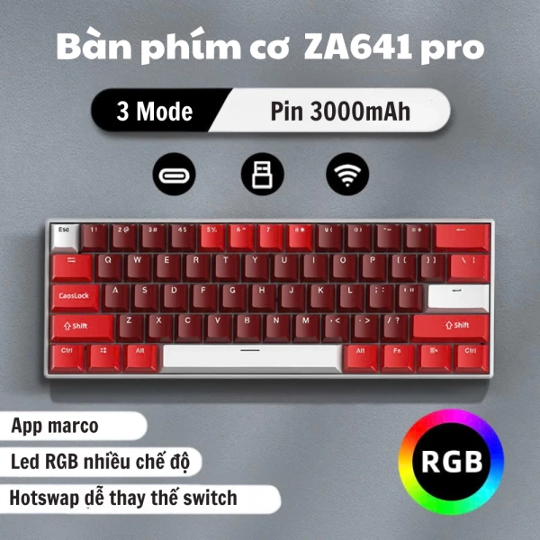 Hình ảnh sản phẩm Bàn Phím Cơ Không Dây Bluetooth Atas ZA641 Pro 64 Phím Red Switch Hotswap, Pin Sạc, App - Giá 459.000 VND