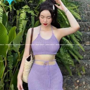 Bikini Nữ 2 Mảnh Len Đan Kín Đáo - Áo Yếm Phối Chân Váy Tím Mộng Mơ Giá Cực Sốc 309k 2