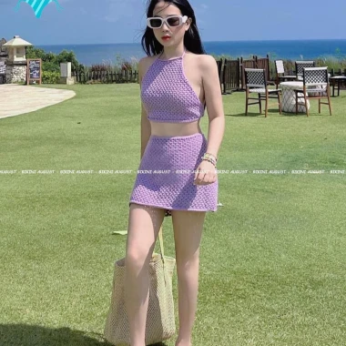 Bikini Nữ 2 Mảnh Len Đan Kín Đáo - Áo Yếm Phối Chân Váy Tím Mộng Mơ Giá Cực Sốc 309k 4