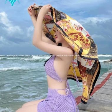 Bikini Nữ 2 Mảnh Len Đan Kín Đáo - Áo Yếm Phối Chân Váy Tím Mộng Mơ Giá Cực Sốc 309k 5