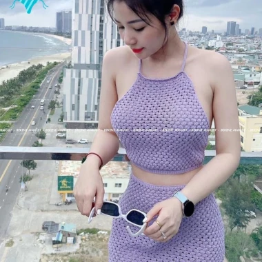 Bikini Nữ 2 Mảnh Len Đan Kín Đáo - Áo Yếm Phối Chân Váy Tím Mộng Mơ Giá Cực Sốc 309k 7