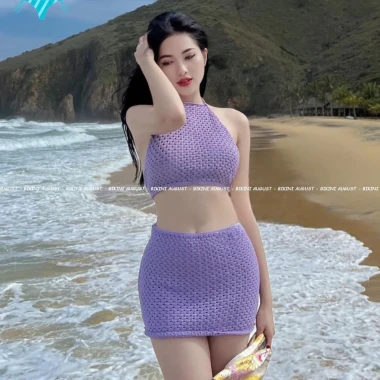Bikini Nữ 2 Mảnh Len Đan Kín Đáo - Áo Yếm Phối Chân Váy Tím Mộng Mơ Giá Cực Sốc 309k 8