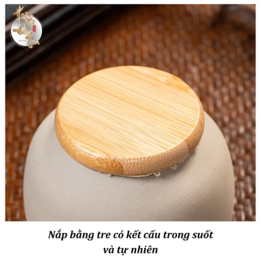 Bình đựng trà gốm mộc chữ tĩnh nắp tre - bảo quản chè khô sang trọng kèm hộp quà