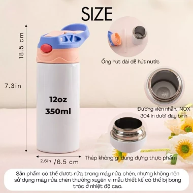 Bình Nước Giữ Nhiệt 350ml In Peppa Pig - Quà Bé Gái Dễ Thương, Inox Cao Cấp 5