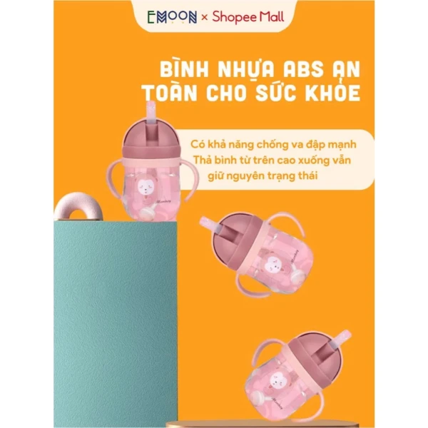 Hình ảnh sản phẩm Bình Uống Nước Cho Bé Emoon 250ml - Ống Hút Silicon Mềm, Chống Sặc An Toàn
