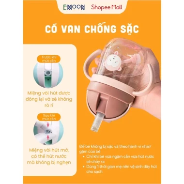 Bình Uống Nước Cho Bé Emoon 250ml - Ống Hút Silicon Mềm, Chống Sặc An Toàn