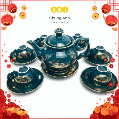 Bộ Ấm Chén Uống Trà Bát Tràng Cao Cấp Xanh Mallard Mạ Vàng 12K – Giá 520.000, Đổi 1