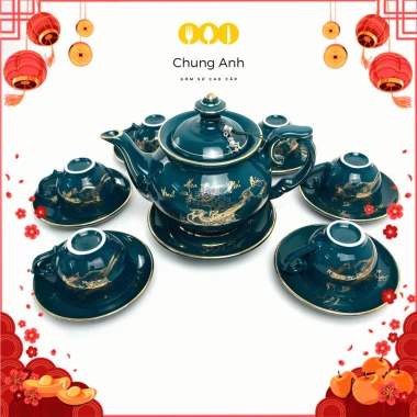 Bộ Ấm Chén Uống Trà Bát Tràng Cao Cấp Xanh Mallard Mạ Vàng 12K – Giá 520.000, Đổi 1