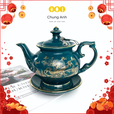 Bộ Ấm Chén Uống Trà Bát Tràng Cao Cấp Xanh Mallard Mạ Vàng 12K – Giá 520.000, Đổi 1