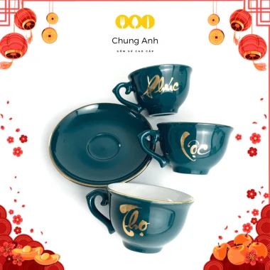 Bộ Ấm Chén Uống Trà Bát Tràng Cao Cấp Xanh Mallard Mạ Vàng 12K – Giá 520.000, Đổi 1