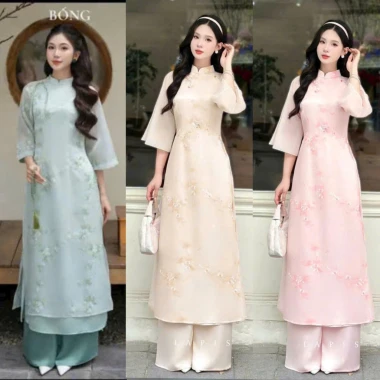 Bộ áo dài cổ tàu thêu hoa nút tàu lớn tay loa, quần dài ống rộng, nữ tính - chỉ 50.000 2