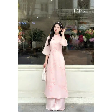 Bộ áo dài cổ tàu thêu hoa nút tàu lớn tay loa, quần dài ống rộng, nữ tính - chỉ 50.000 3