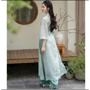 Bộ áo dài cổ tàu thêu hoa nút tàu lớn tay loa, quần dài ống rộng, nữ tính - chỉ 50.000 5