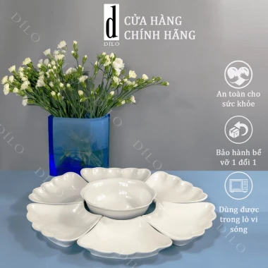 Bộ bát đĩa sứ Hoa mặt trời trắng trơn - Set bát dĩa trang trí đẹp Dílo, vỡ 1 đổi 1