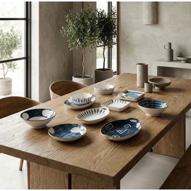 Bộ Bát Đĩa Sứ Phong Cách Nhật Bản - Đĩa Sushi Kèm Ngăn Chấm, Khay Tay Cầm Decor | Bát để gà cúng tết 2.026