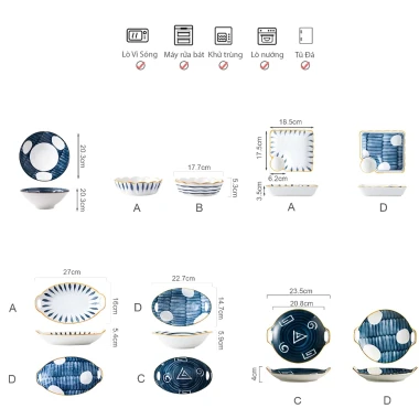 Bộ Bát Đĩa Sứ Phong Cách Nhật Bản - Đĩa Sushi Kèm Ngăn Chấm, Khay Tay Cầm Decor | Bát để gà cúng tết 2.026