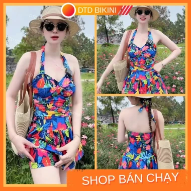 Bộ Đồ Bơi Nữ Liền Váy Hoa Lá Che Khuyết Điểm Bigsize Dây Buộc Cổ Giảm Giá 198k 2