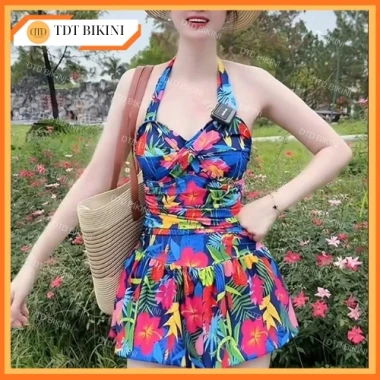 Bộ Đồ Bơi Nữ Liền Váy Hoa Lá Che Khuyết Điểm Bigsize Dây Buộc Cổ Giảm Giá 198k 4