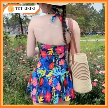Bộ Đồ Bơi Nữ Liền Váy Hoa Lá Che Khuyết Điểm Bigsize Dây Buộc Cổ Giảm Giá 198k 6