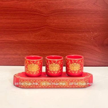 Bộ kỷ chén nước màu đỏ gấm, bộ kỷ 3 chén thờ cúng, bộ 5 chén nước thờ màu đỏ