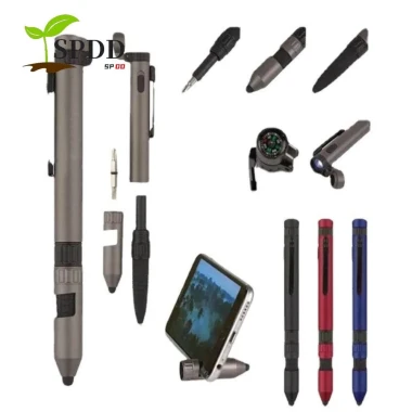 Bút đa chức năng SPDD, Bút bi 6 trong 1 Bút đèn pin, La bàn khẩn cấp Giá đỡ điện thoại di động Bút tuốc nơ vít nhỏ gọn Du lịch