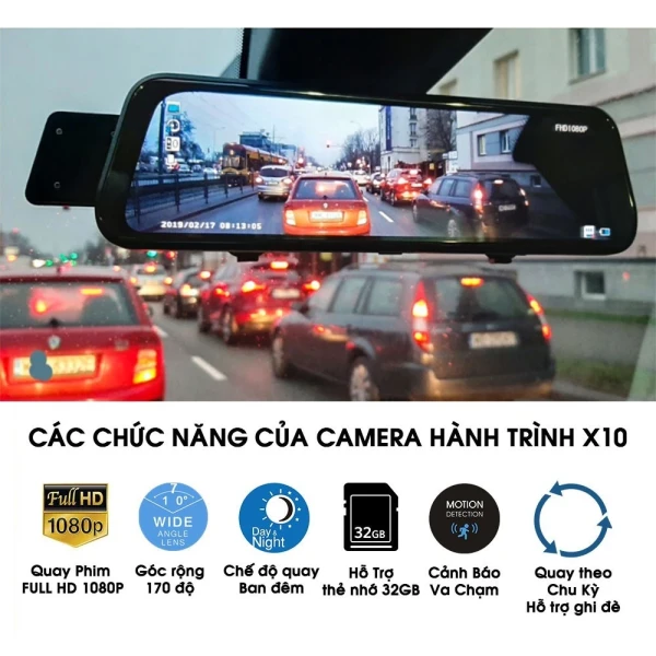 Hình ảnh sản phẩm Camera hành trình ô tô X10, A10 XETABON màn gương lớn trước 2K sau full HD kết nối điện thoại siêu nét bảo hành 12 tháng