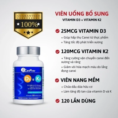 CanPrev Vitamin D3 K2 120 Viên - Da Đẹp, Xương Khỏe, Giảm Căng Thẳng - Giá ưu đãi 662.000 VND