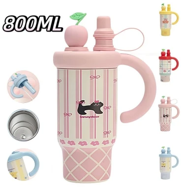 Cốc giữ nhiệt SHIKICK 800ml có tay cầm và ống hút, thép không gỉ 316, in hình dễ thương cho bé 4