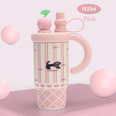 Cốc giữ nhiệt SHIKICK 800ml có tay cầm và ống hút, thép không gỉ 316, in hình dễ thương cho bé 6